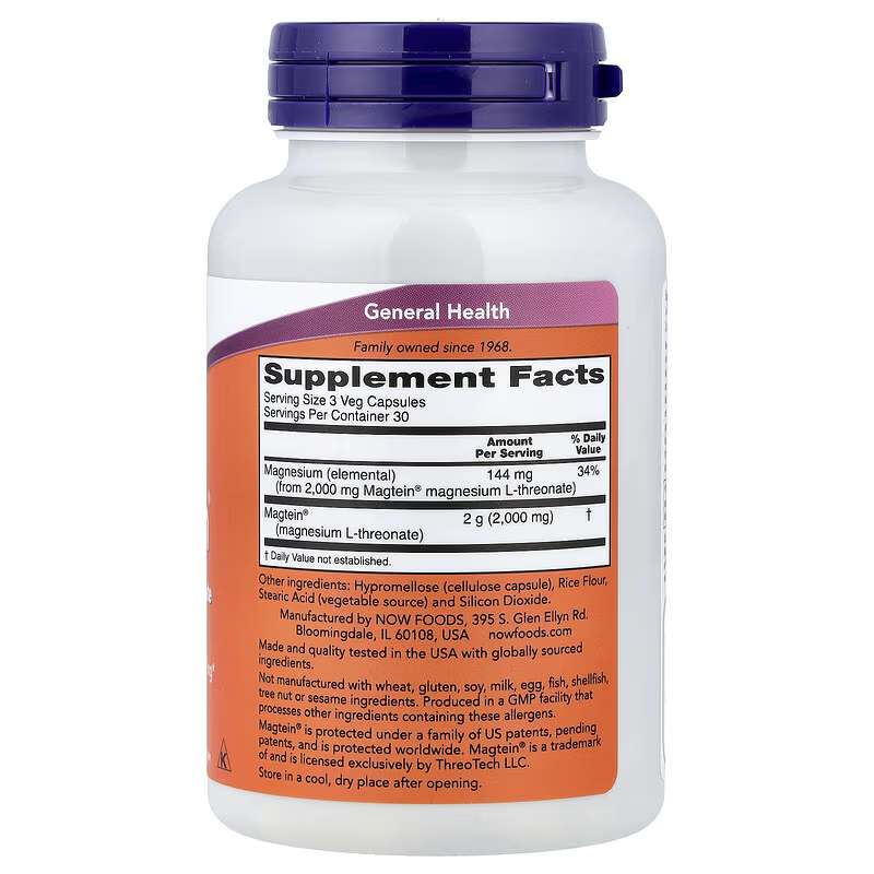 NOW Foods Magtein Magnesium L-Threonate, 90 Veg Capsules - Image 2