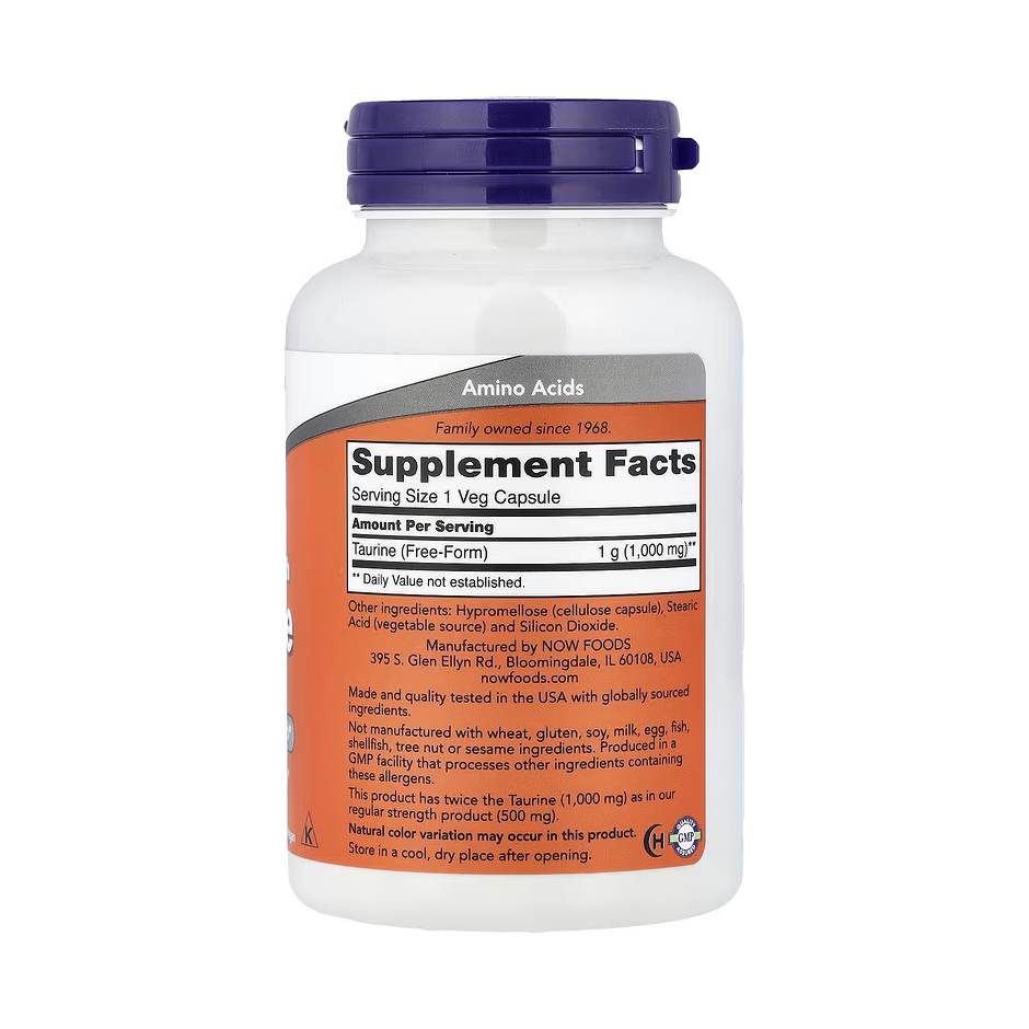 NOW Foods Taurine 1000 mg – 100 Veg Capsules - Image 2