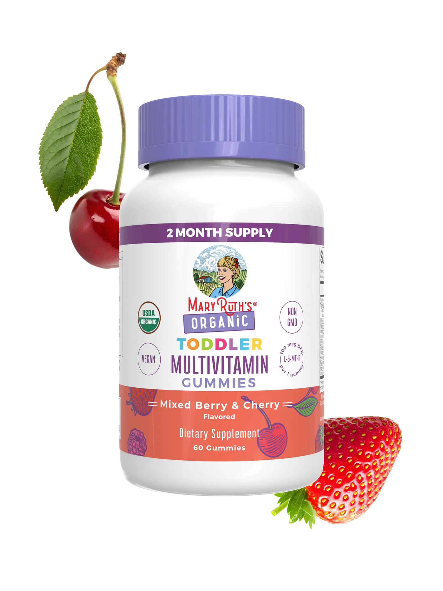 MaryRuth's, Organic Toddler Multivitamin Gummies, Mixed Berry & Cherry, 100 mcg DFE, 60 Gummies — MaryRuth's