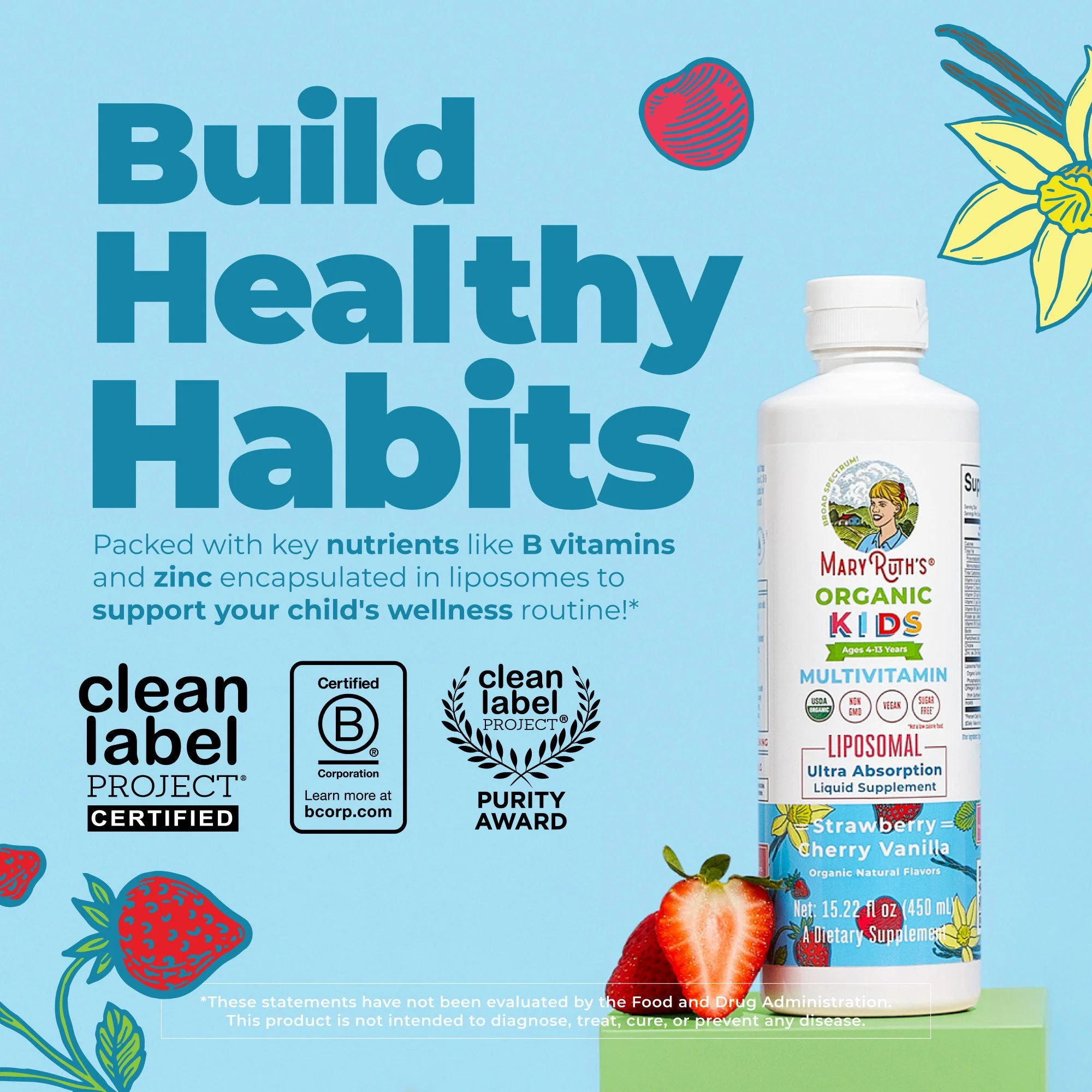 MaryRuth's, Organic Kids Multivitamin Liposomal, Ages 4-13 Years, Strawberry Cherry Vanilla, 15.22 fl oz (450 ml) — MaryRuth's